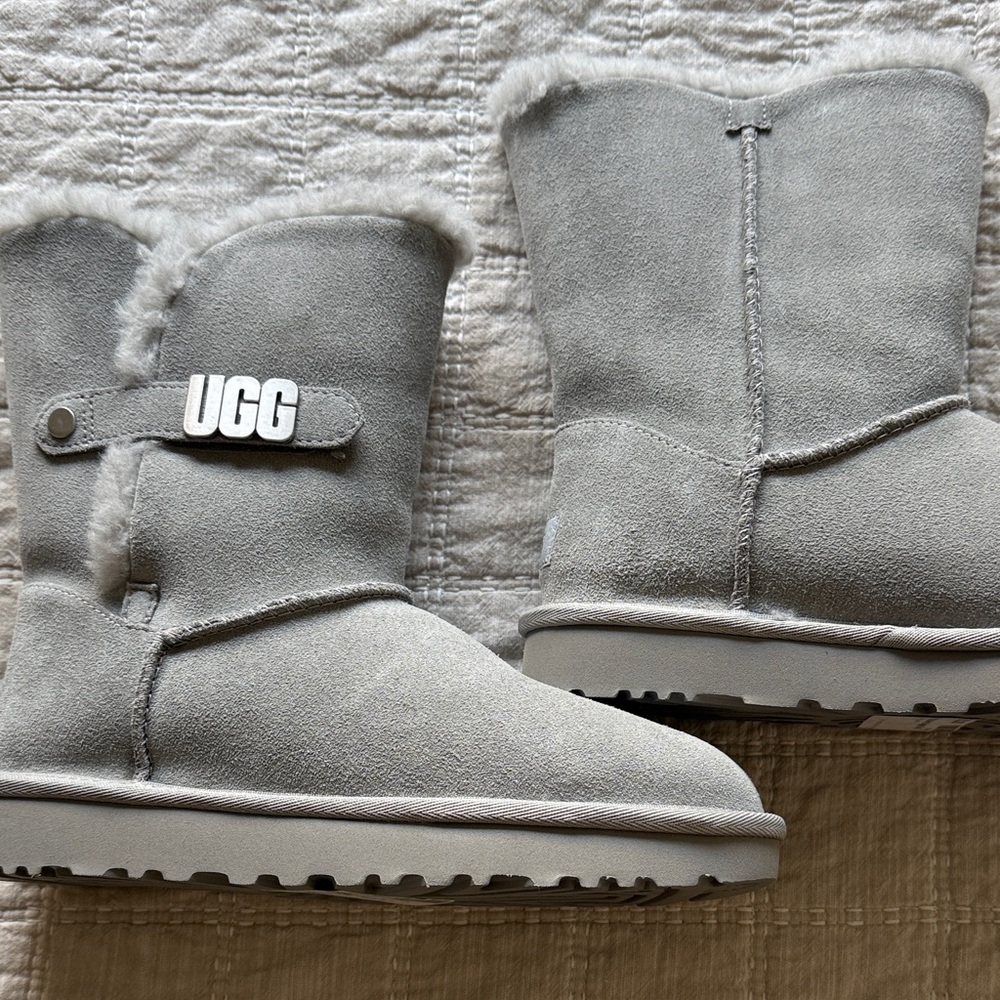 UGG Light Gray Suede Boots with Fur Trim